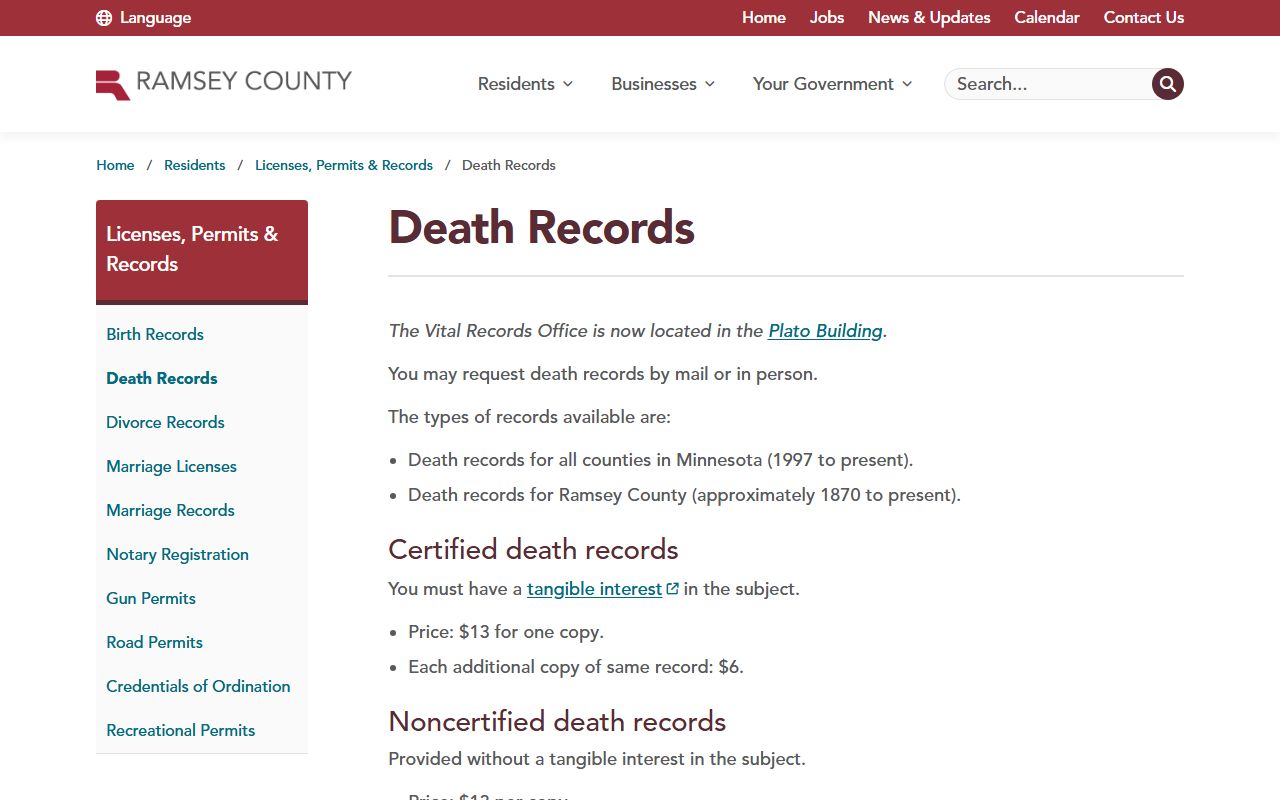 Ramsey County death records page for ordering certified death certificates