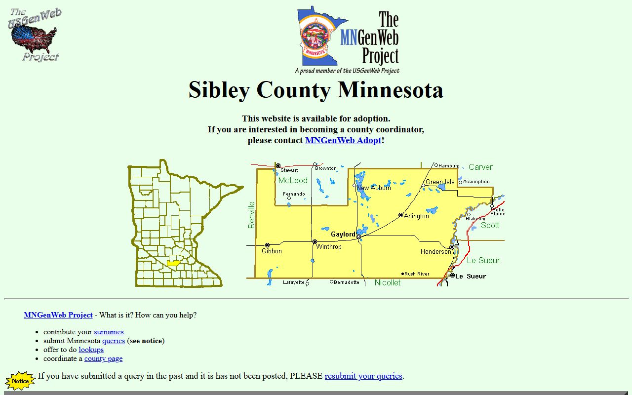 Sibley County obituary records MNGenWeb resource page