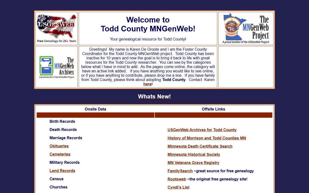 Todd County MNGenWeb genealogy project with obituary and death records