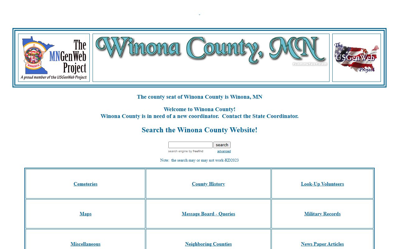 Winona County MNGenWeb genealogy project with newspaper project and obituary index