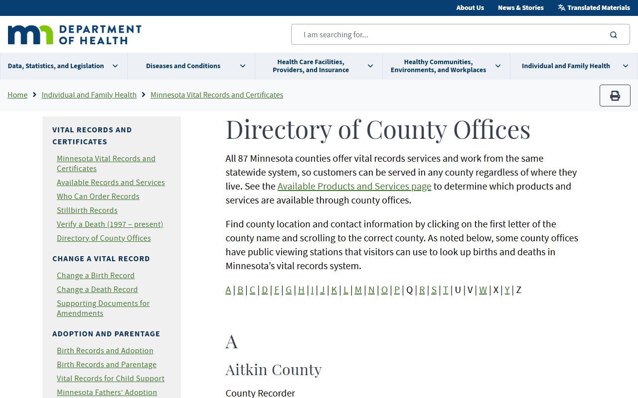 Minnesota county vital records office directory