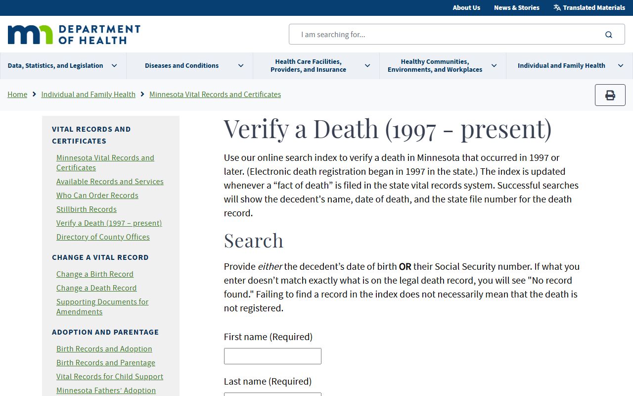 Minnesota Department of Health Death Search Index tool